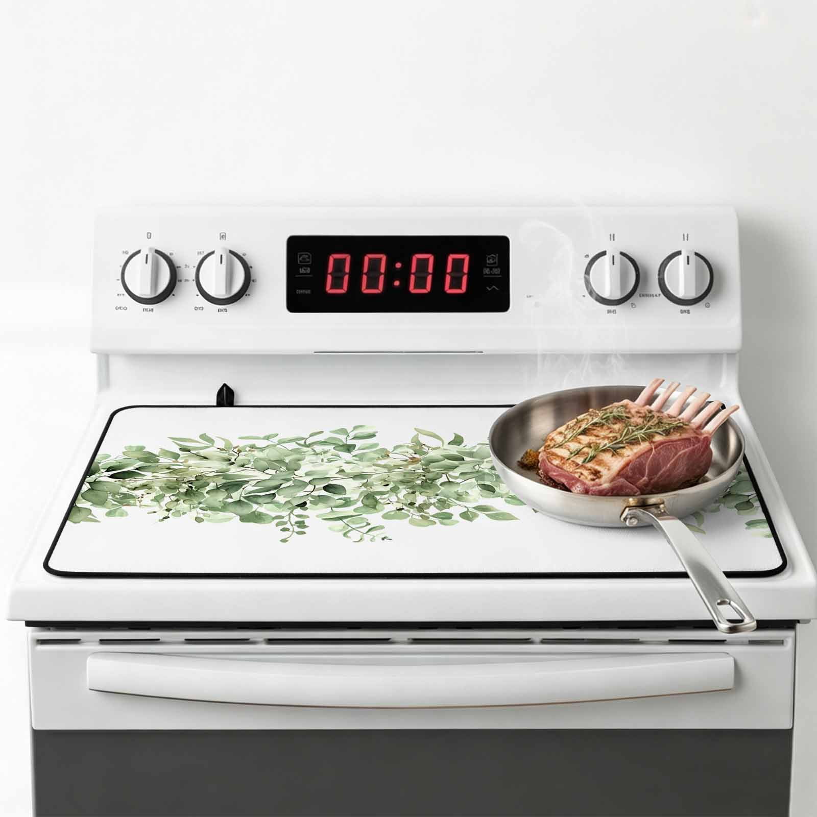 Sage Green Eucalyptus Leaves Stove Top Cover for Electric Stove, Heat-proof & Non Slip Glass Top Stove Cover Protector, Spring Summer Botanical Floral Kitchen Flat Cooktop Rubber Mat 28.5x20.5 Inches