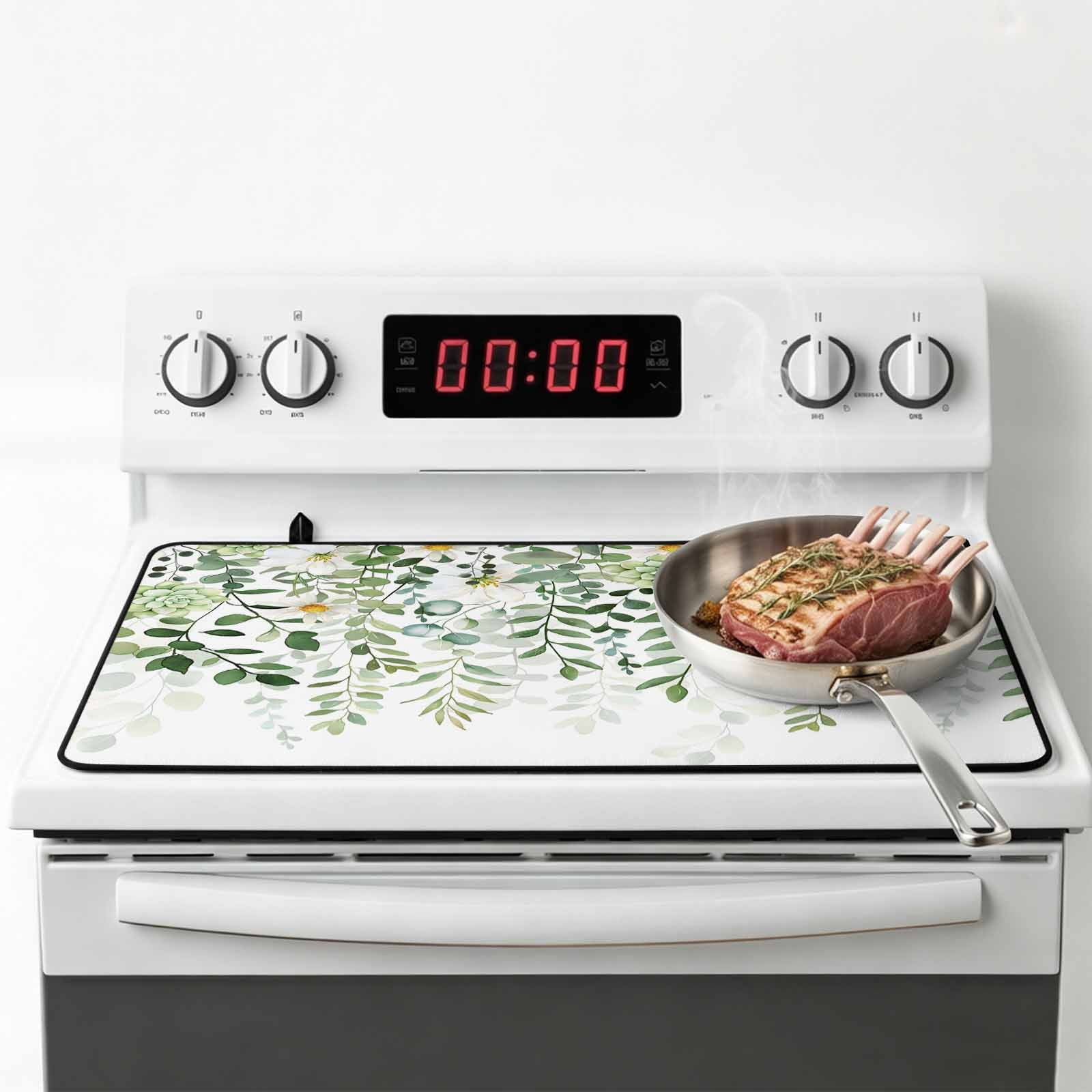 Sage Green Eucalyptus Leaves Stove Top Cover for Electric Stove, Heat-proof & Non Slip Glass Top Stove Cover Protector, Summer Weeping Floral Botanical Kitchen Flat Cooktop Rubber Mat 24x21 Inches