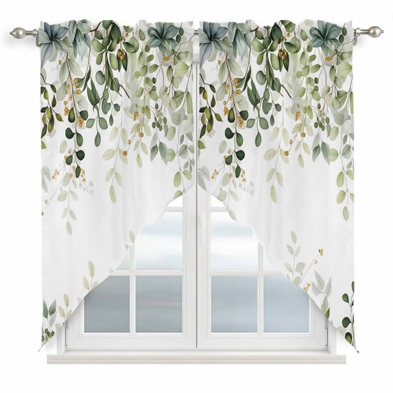 Sage Green Eucalyptus Leaves Swag Valances for Windows 2 Pack, Kitchen Window Curtains 36 Inch Length, Spring Botanical Floral Privacy Swag Curtains for Living Room/Bathroom with Rod Pocket 36"x36"