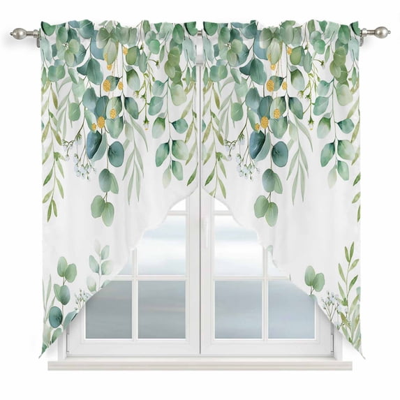 Sage Green Eucalyptus Leaves Swag Valances for Windows, Kitchen Curtains 36 Inch Length 2 Panels Set, Spring Summer Botanical Short Curtains for Small Windows Rod Pocket Cafe Curtains Drapes 28"x36"