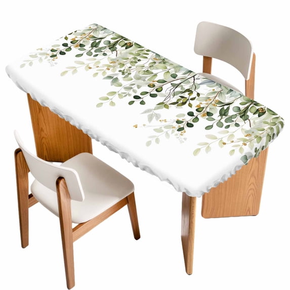 Sage Green Eucalyptus Leaves Table Cloths for 4 Foot Rectangle Tables, Spring Botanical Floral Patio Waterproof Elastic Fitted Tablecloths, Washable Rectangular Table Cover for Camping