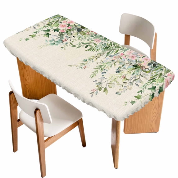 Sage Green Eucalyptus Leaves Table Cloths for 5 Foot Rectangle Tables, Weeping Floral Summer Botanical Patio Waterproof Elastic Fitted Tablecloths, Washable Rectangular Table Cover for Camping