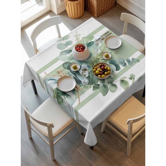 Sage Green Eucalyptus Leaves Tablecloth Square Table Cloth 54x54, Waterproof Tablecloth Outdoor Table Cloth, Farmhouse Stripe Botanical Washable Table Cover for Kitchen Dinning Party