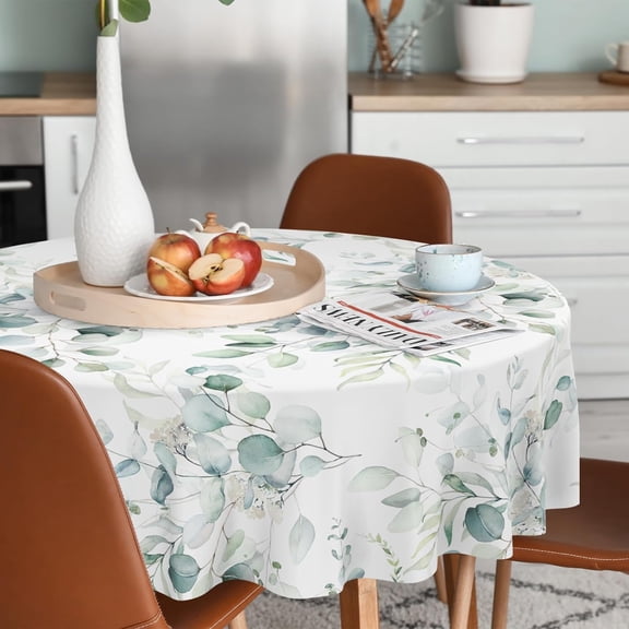 Sage Green Eucalyptus Leaves Tablecloth Waterproof Fabric,Rectangle Watercolor Oil-Proof Wrinkle Resistant Table Cover for Dining Table, Buffet Parties and Camping, Mint Color(60" inch Round)
