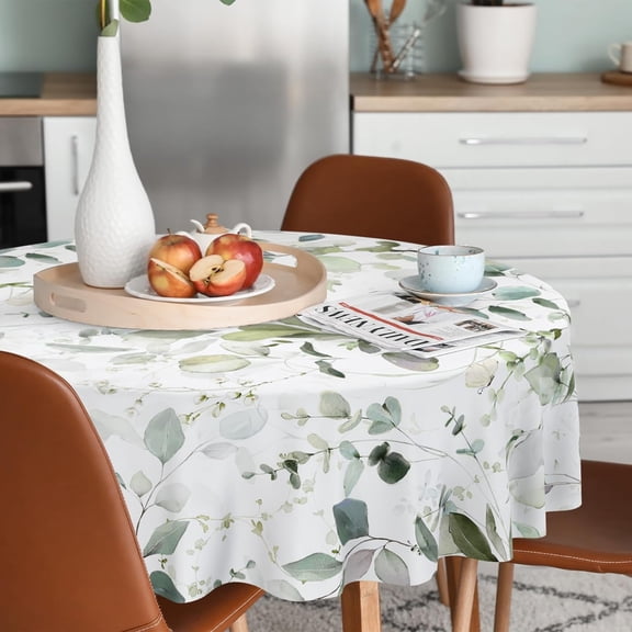 Sage Green Eucalyptus Leaves Tablecloth Waterproof Fabric,Round Watercolor Oil-Proof Wrinkle Resistant Table Cover for Dining Table, Buffet Parties and Campin,Mint Color(60" inch Round)