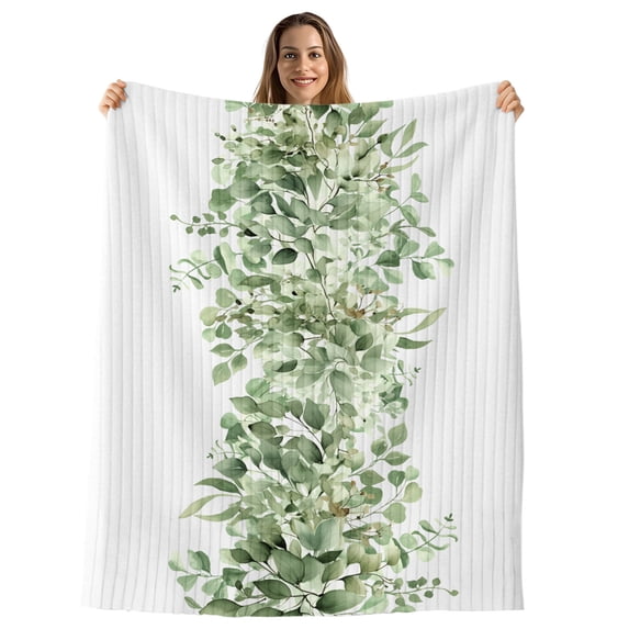 Sage Green Eucalyptus Leaves Throw Blanket,Flannel Fleece Blanket with Striped Design for Couch,Spring Summer Botanical Floral Soft Breathable All Season Plush Blankets for Sofa Office Travel 40"x50"