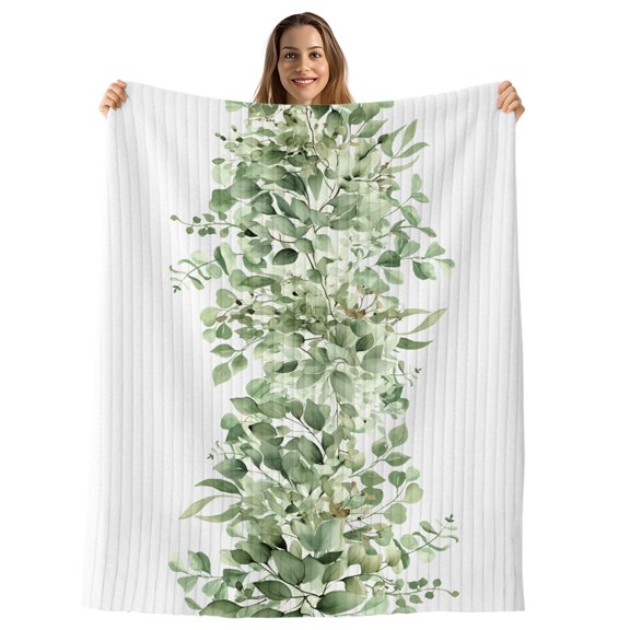 Sage Green Eucalyptus Leaves Throw Blanket,Flannel Fleece Blanket with Striped Design for Couch,Spring Summer Botanical Floral Soft Breathable All Season Plush Blankets for Sofa Office Chair 30"x40"