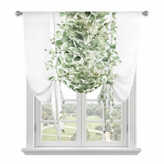 Sage Green Eucalyptus Leaves Tie Up Curtains for Small Windows,Adjustable Rod Pocket Valance 45 Inch Short, Spring Summer Botanical Floral Window Treatment Balloon Roman Blind Shade, 34" x 45"