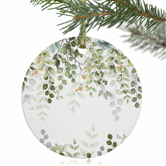 Sage Green Eucalyptus Leaves Watercolor Christmas Ceramic Ornament 2025,3" Round Xmas Tree Hanging Accessories with Gold Ribbon