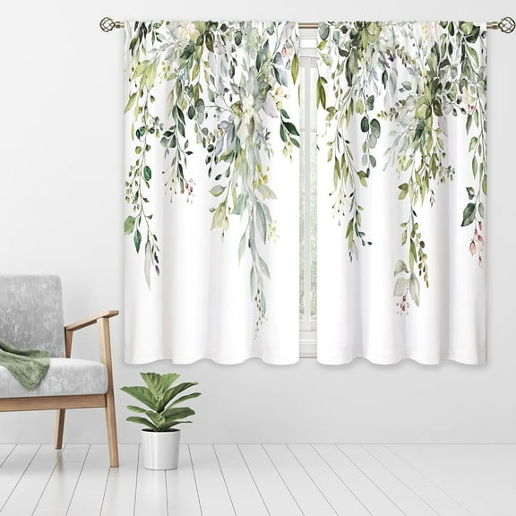 Sage Green Eucalyptus Leaves Window Curtains Flower Watercolor Floral Botanical Plant Wildflower Farmhouse Curtain Drapes Herb Curtains for Bedroom Living Room Treatment 2 Panels 42Wx63H Inch