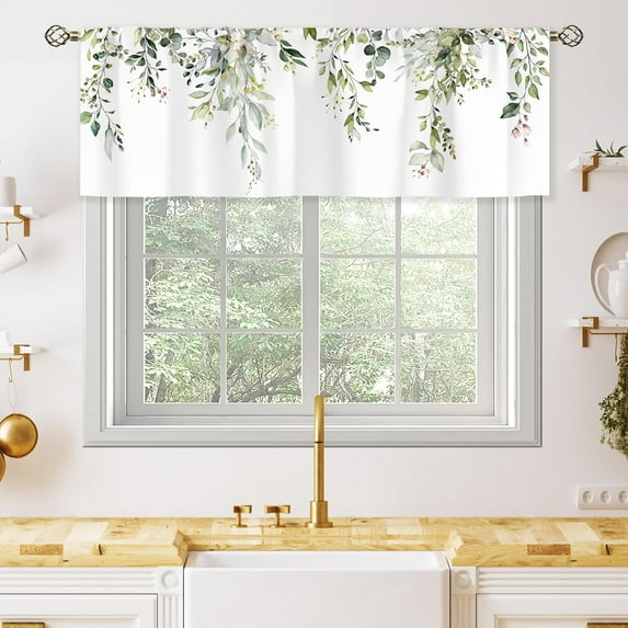 Sage Green Eucalyptus Leavses Valances Kitchen Curtains Watercolor Floral Flower Plants Botanical Farmhouse for Women Ptetty Bedroom Living Room Treatment Tier Fabric 1 Panel 52Wx18H Inch