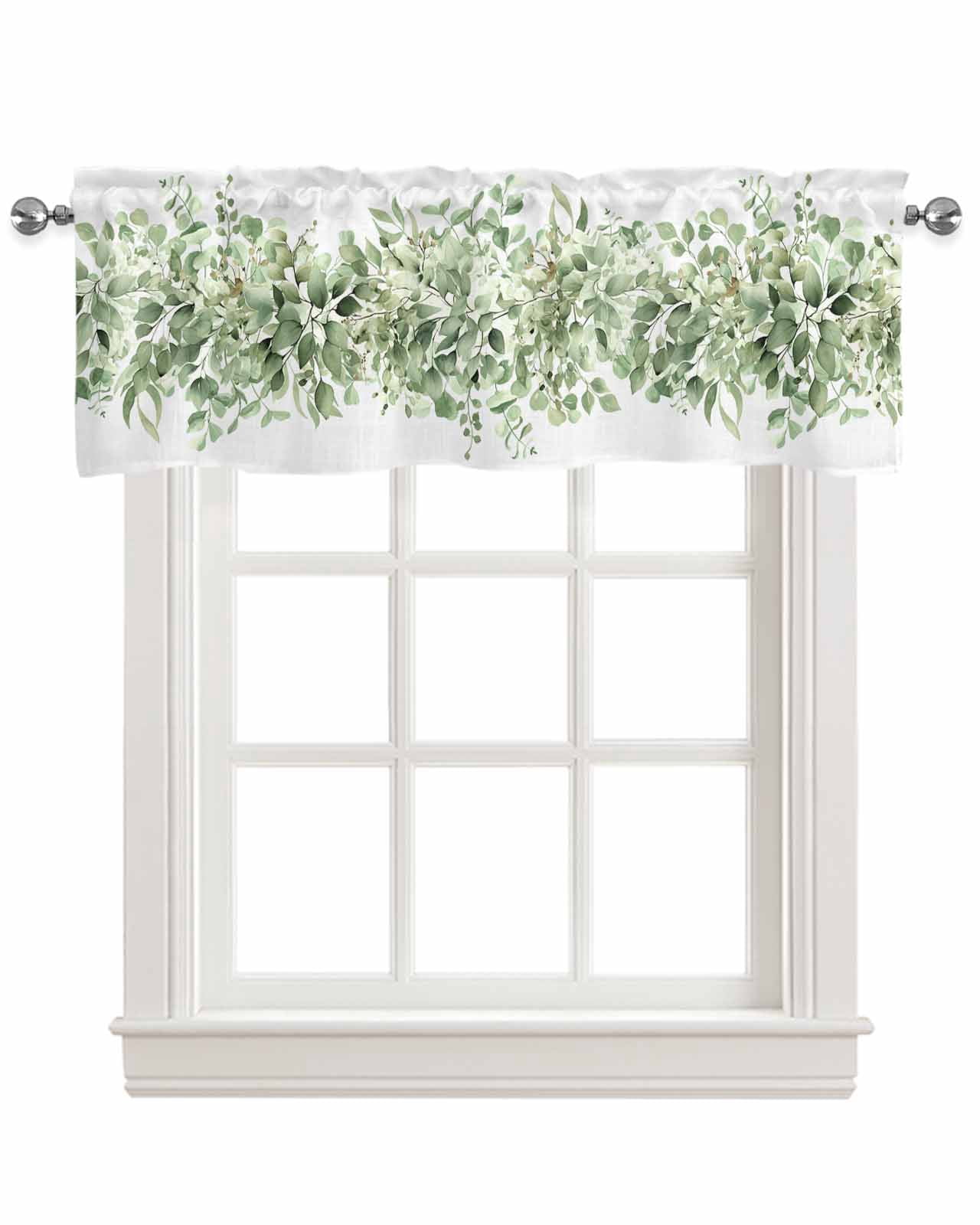 Sage Green Eucalyptus Linen Curtain Valance for Bedroom/Bathroom/Kitchen/Living/Dining Room Window,Country Nature Plant Leaves Botany White Pocket Topper Drapes Decorative Cafe Drapery Panel 54"x18"