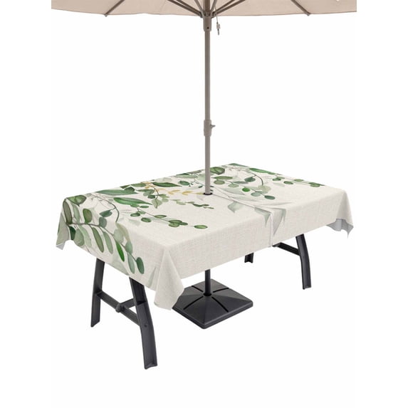 Sage Green Eucalyptus Outdoor Tablecloth - 54x80 Inch Rectangle Dining Table Cover, Farmhouse Weeping Leaves Linen Waterproof Outdoor Table Cloth with Umbrella Hole & Zipper for Picnic/Patio/Party