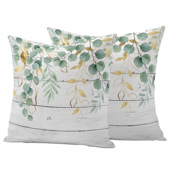Sage Green Eucalyptus Outdoor Waterproof Pillow Covers, Country Leaves Pastoral Plants Wooden Decorative Square Throw Pillowcase Sofa Cushion Sham for Patio/Couch/Chair, 18"x18" 2 Pack