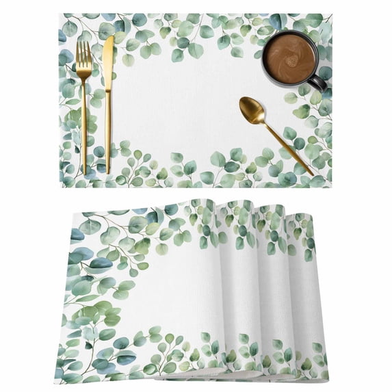 Sage Green Eucalyptus Placemats Set of 4, Spring Summer Pastoral Leaves Placemats for Dining Table, Place Mats for Kitchen Tabletop, Waterproof Wipeable Dining Table Mats Set
