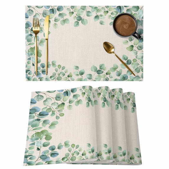 Sage Green Eucalyptus Placemats Set of 6, Spring Summer Leaves Rustic Burlap Placemats for Dining Table, Place Mats for Kitchen Tabletop, Waterproof Wipeable Dining Table Mats Set