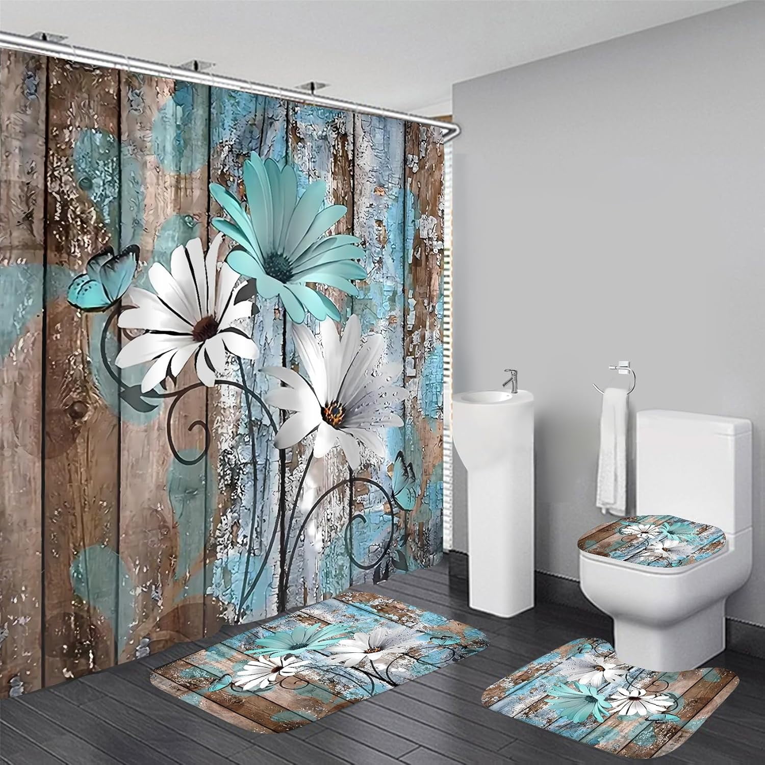 Sage Green Eucalyptus Plant Shower Curtain Sets 4pcs Watercolor Leaves