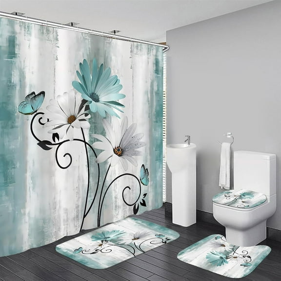 Sage Green Eucalyptus Plant Shower Curtain Sets 4pcs Watercolor Leaves Floral Bathroom Sets with Shower Curtain and Rugs Farmhouse Rustic Bathroom Decor Accessories Set