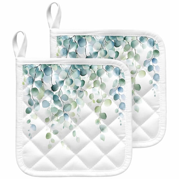 Sage Green Eucalyptus Pot Holders for Kitchen Heatproof Potholder, 2 Pack Watercolor Botanical Leaves Hot Pads Multipurpose Oven Pads Cloth Potholders Trivet for Cooking and Baking