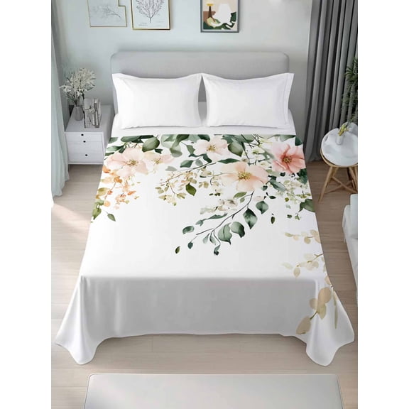 Sage Green Eucalyptus Queen Size Flat Sheet, Wrinkleproof & Fadeproof Cooling Flat Bed Sheet Only, Vintage Spring Floral Leaves Breathable Soft Bedding Top Sheets 90 x 102 Inches