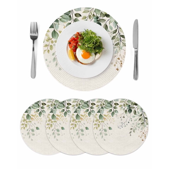 Sage Green Eucalyptus Round 13 Inch Placemats Set of 4, Traditional Tree Branch Leaf Plant HeatResistant Non Slip Place Mats for Dining Table, Wipeable Braided Kitchen Table Mats for Housewarming
