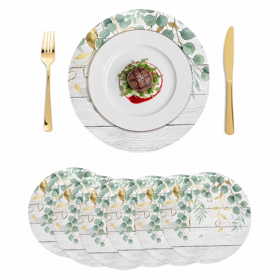 Sage Green Eucalyptus Round 13 Inch Placemats Set of 6, Country Leaves Pastoral Plants Wooden HeatResistant Non Slip Place Mats for Dining Table, Wipeable Braided Kitchen Table Mats for Housewarming