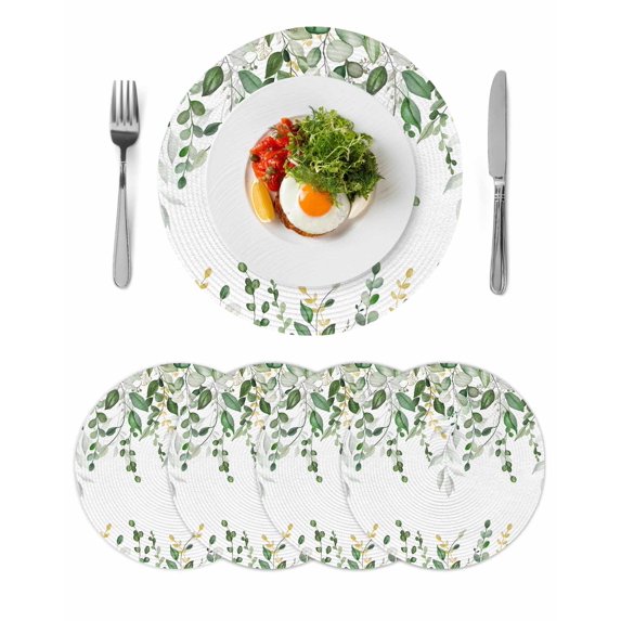 Sage Green Eucalyptus Round 15 Inch Placemats Set of 4, Watercolor Spring Weeping Botanical HeatResistant Non Slip Place Mats for Dining Table, Wipeable Braided Kitchen Table Mats for Housewarming