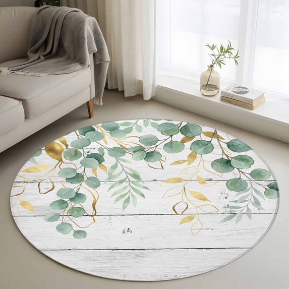 Sage Green Eucalyptus Round Area Rug 3.3Ft Washable Circle Rugs for Dining Room Table, Country Leaves Pastoral Plants Wooden Non-Slip Carpet Floor Mats Indoor Outdoor Carpet Runner Home Decor