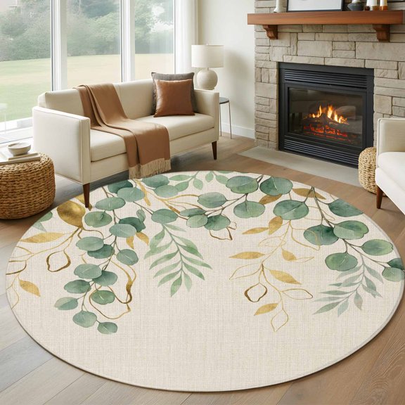 Sage Green Eucalyptus Round Area Rug 8Ft Washable Large Circle Rugs for Living Room Dorm, Country Leaves Rustic Botanical Vintage Non-Slip Carpet Floor Mats Indoor Outdoor Carpet Runner Home Decor