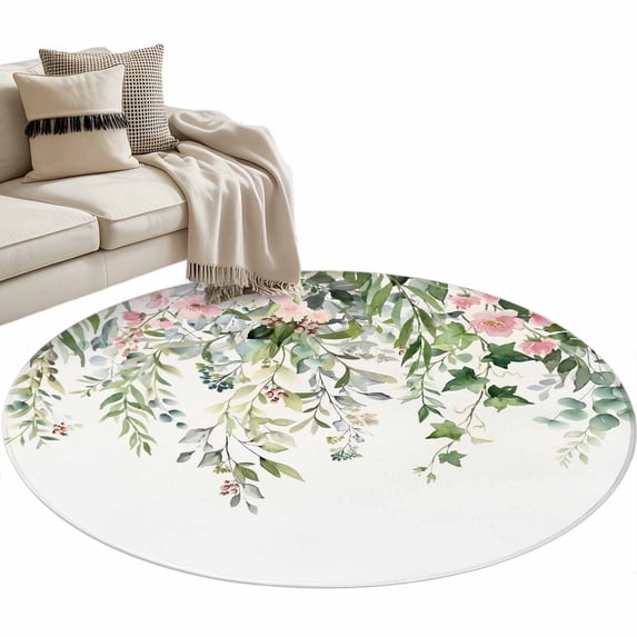 Sage Green Eucalyptus Round Area Rugs Collection 4', Summer Spring Weeping Leaves Botanical Non Slip Indoor Circular Throw Runner Rug Floor Mat Carpet for Living Room Dining Table Bedroom Nursery