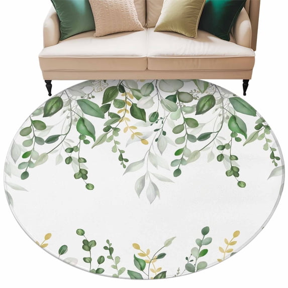 Sage Green Eucalyptus Round Area Rugs Collection 7', Watercolor Spring Weeping Botanical Non Slip Indoor Circular Throw Runner Rug Floor Mat Carpet for Living Room Dining Table Bedroom Nursery