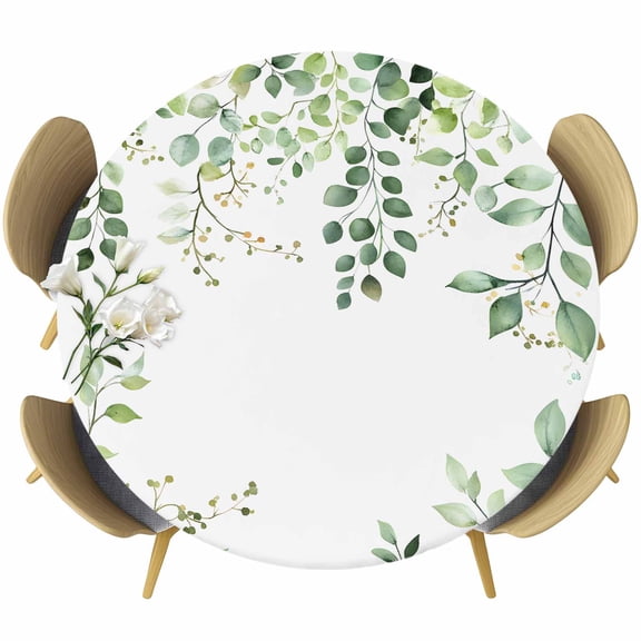 Sage Green Eucalyptus Round Tablecloth 36-44 Inch Round Fitted Table Cloth with Elastic Edge, Watercolor Plant Fruit Nature Leaf Waterproof Table Cover Protector for Outdoor Picnic Party Dining