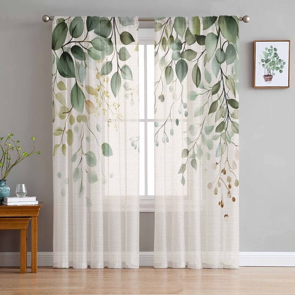 Sage Green Eucalyptus Semi Sheer Curtains 63 Inch Length 2 Panels Set, Country Leaf Plants Retro Beige Sheer Kitchen Curtain Privacy Voile Window Curtain for Living Room Bedroom Rod Pocket Drapes