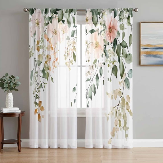 Sage Green Eucalyptus Semi Sheer Curtains 63 Inch Length 2 Panels Set, Vintage Spring Floral Leaves Sheer Kitchen Curtain Privacy Voile Window Curtain for Living Room Bedroom Rod Pocket Drapes