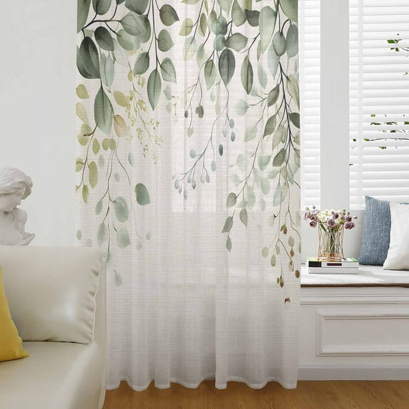 Sage Green Eucalyptus Semi Sheer Curtains Drapes for Living Room,Bedroom,French Doors Window 63 Inches Long,Traditional Tree Branch Leaf Plant Rod Pocket Chiffon Curtain Drapery Voile Drape Panel