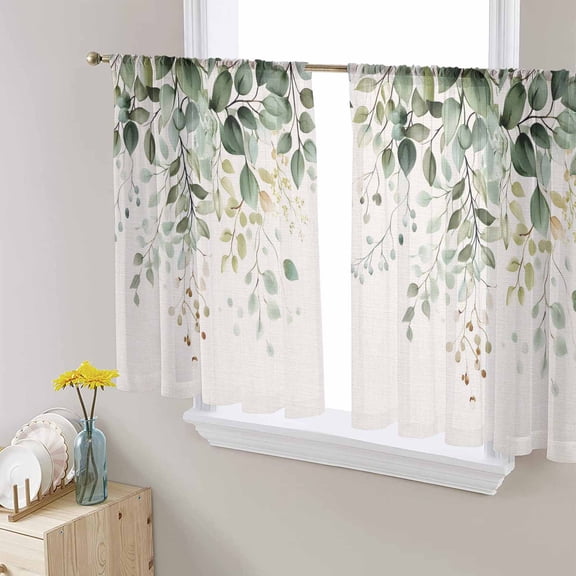 Sage Green Eucalyptus Sheer Curtains 54 Inches Length 2 Panels Set, Window Sheer Curtains for Living Room/Bedroom, Country Leaf Plants Retro Beige Light Filtering Rod Pocket Curtain 52'' x 54'' x 2