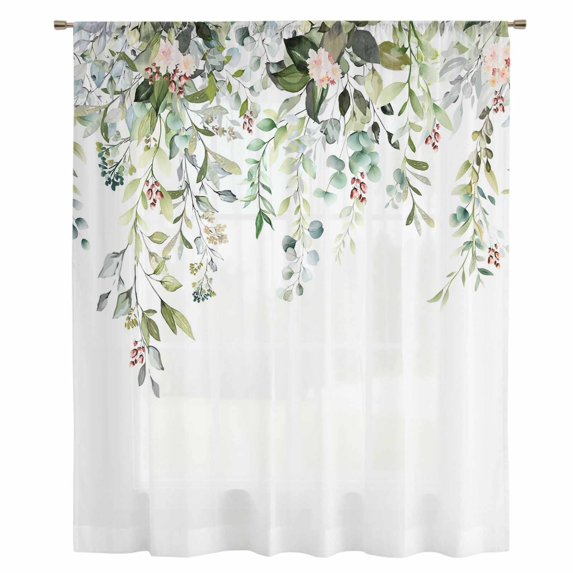 Sage Green Eucalyptus Sheer Curtains 63 Inches Long, Pink Floral Buds Summer Pastoral Light Filering Curtains, Breathable Simi Curtain Privacy Drapes for Living Room Bedroom Window Treatment