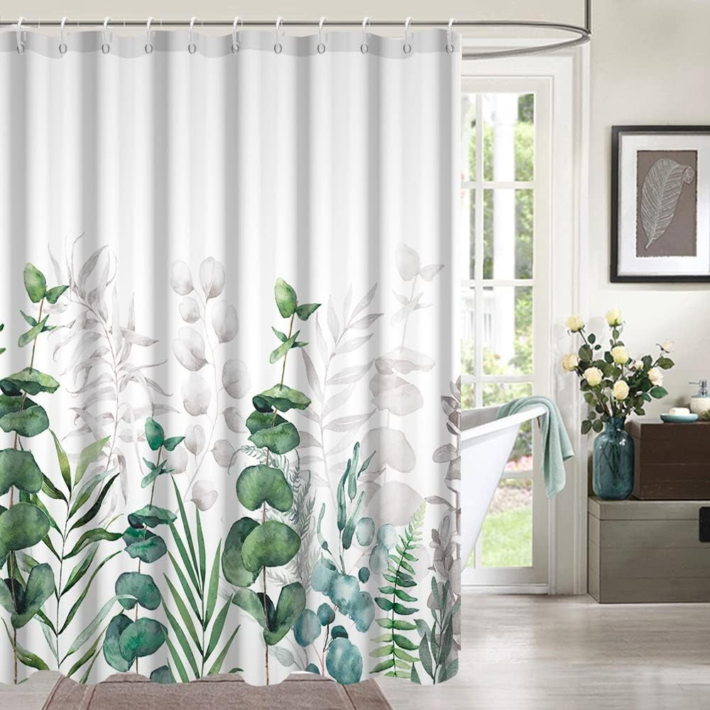4 Pcs Sage Green Shower Curtain Sets With Rugs For Bathroom