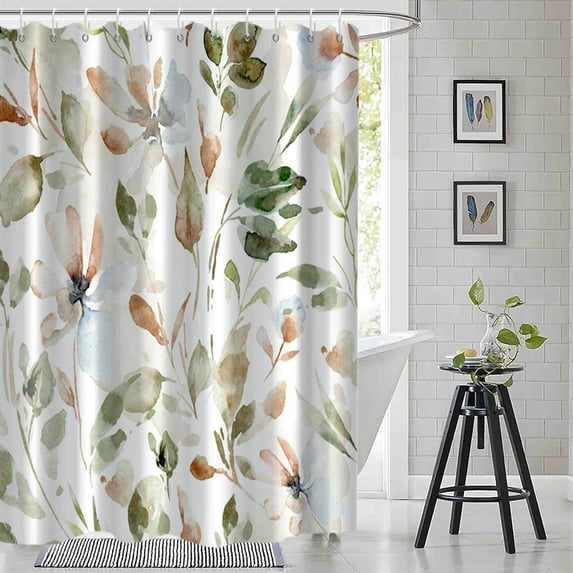 Sage Green Eucalyptus Shower Curtain, Spring Plant Leaves Shower Curtain Waterproof Fabric Watercolor Green and Gold Shower Curtain Set with Hooks, 72x72 Inch