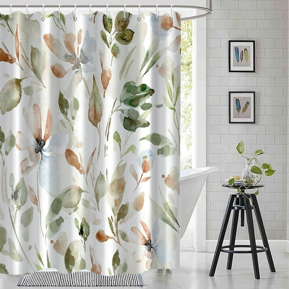 Sage Green Eucalyptus Shower Curtain, Spring Plant Leaves Shower Curtain Waterproof Fabric Watercolor Green and Gold Shower Curtain Set with Hooks, 72x72 Inch