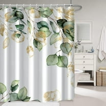 Sage Green Eucalyptus Shower Curtain, Spring Plant Leaves Shower Curtain Waterproof Fabric Watercolor Green and Gold Shower Curtain Set with Hooks, 72x72 Inch