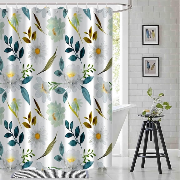 Sage Green Eucalyptus Shower Curtain, Spring Plant Leaves Shower Curtain Waterproof Fabric Watercolor Green and Gold Shower Curtain Set with Hooks, 72x72 Inch