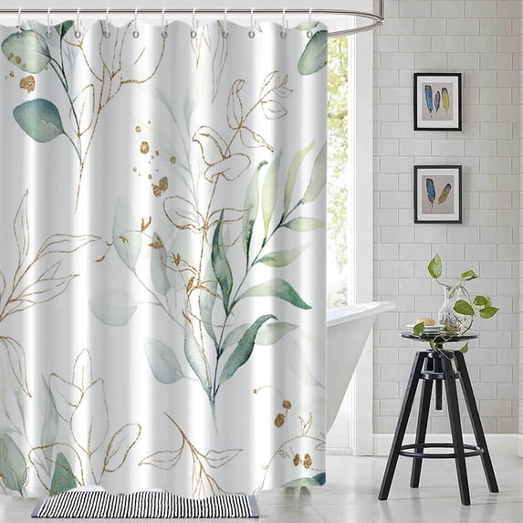 Sage Green Eucalyptus Shower Curtain, Spring Plant Leaves Shower Curtain Waterproof Fabric Watercolor Green and Gold Shower Curtain Set with Hooks, 72x72 Inch