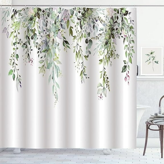 Sage Green Eucalyptus Shower Curtain Watercolor Leaves Shower Curtains For Bathroom Waterproof Polyester Fabric Bathroom Curtain With 12 Plastic Hooks 48"W x 72"L (Pack of 1)