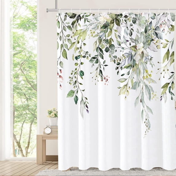 Sage Green Eucalyptus Shower Curtain, Watercolor Leaves on The Top Plant with Floral Bathroom Decoration Shower Curtain Sets 72x72 Inch with Hooks