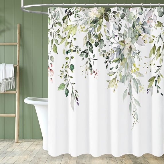 Sage Green Eucalyptus Shower Curtain, Watercolor Plant Floral Eucalyptus Leaves Fabric , White Shower Curtains Spring Bathroom Decor Set with Hooks, 72x72