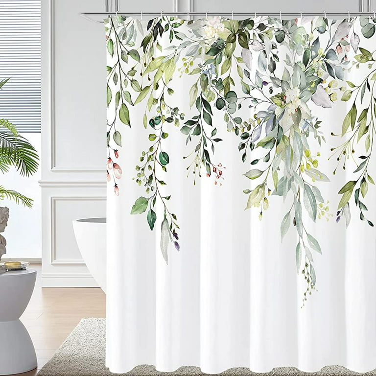 Tititex Green Eucalyptus Shower Curtain, Watercolor Leaves On The Top Plant with Floral Bathroom Decoration Shower Curtain Sets 72x72 inch with Hooks