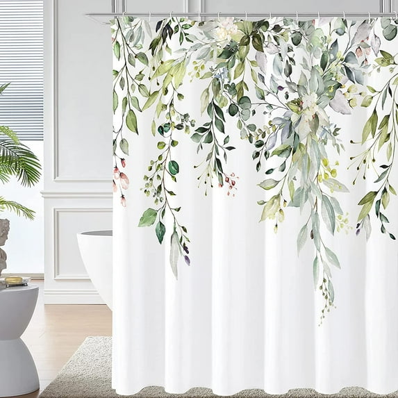 Sage Green Eucalyptus Shower Curtain, Watercolor Plant Leaves with Floral Bathroom Decor Waterproof Fabric Shower Curtain Set with Hooks 72x72 Inch White
