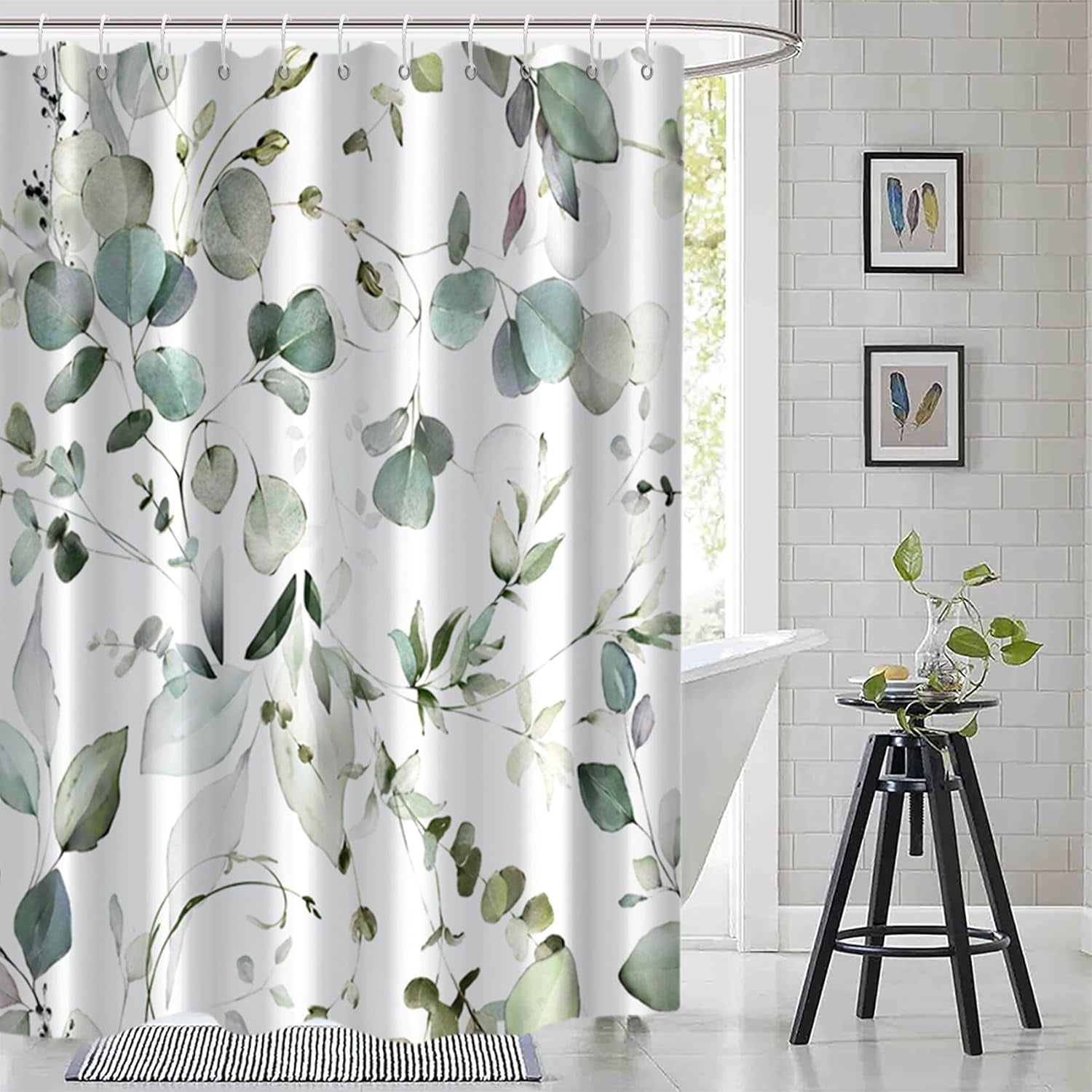 Sage Green Eucalyptus Shower Curtain, Watercolor Spring Leaves Shower Curtain for Bathroom Waterproof Botanical Shower Curtain Set with Hooks, 72x84 Inch