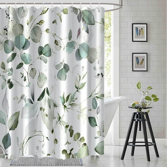Sage Green Eucalyptus Shower Curtain, Watercolor Spring Leaves Shower Curtain for Bathroom Waterproof Botanical Shower Curtain Set with Hooks, 72x84 Inch